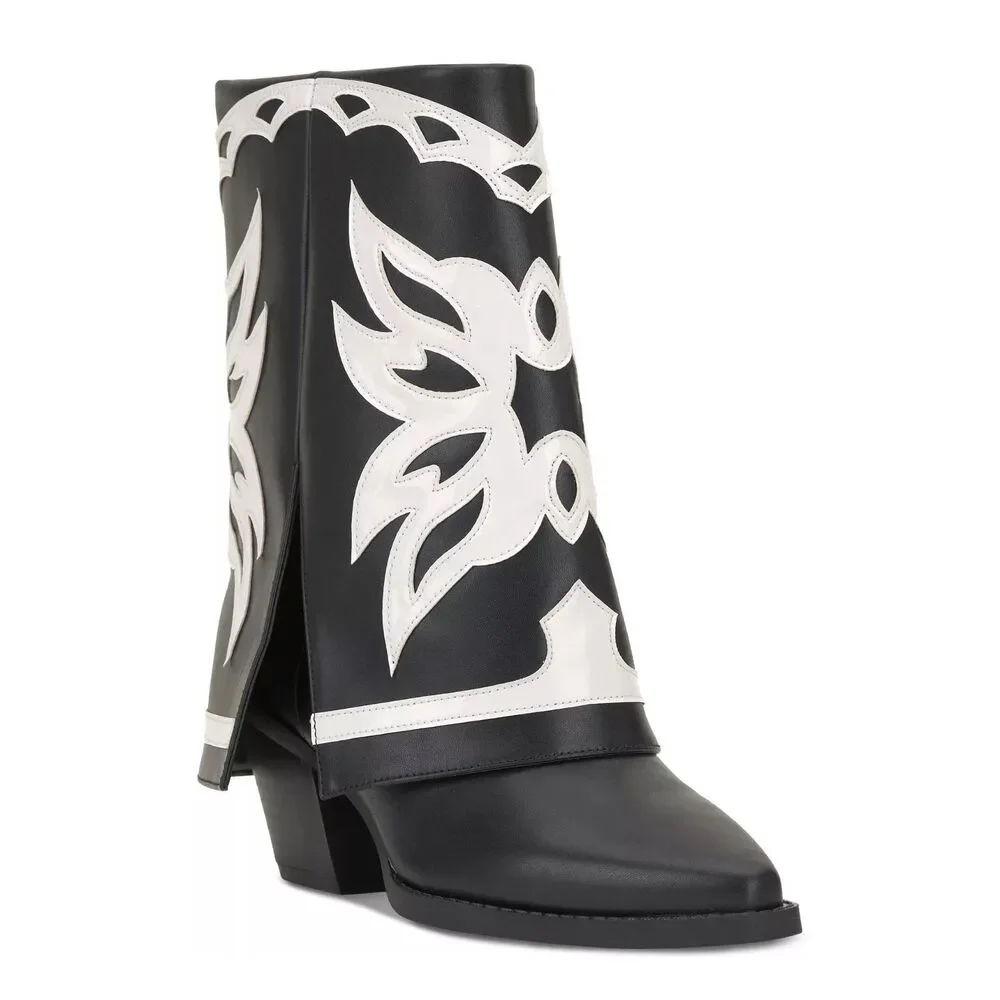 INC Womens 6.5 M Black White Smooth Jadiza Western High Heel Boots DISPLAY QK6